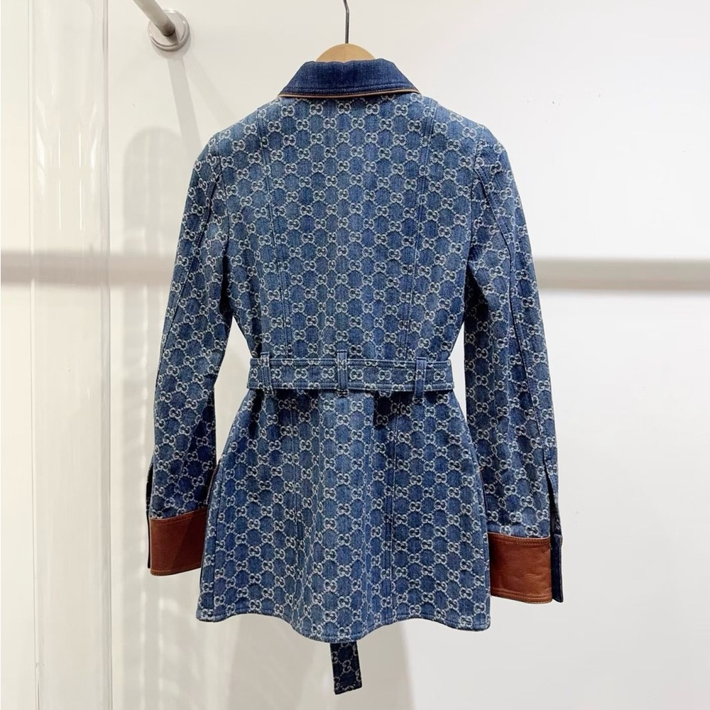 🚩steal Authentic Gucci Blue Denim Jacket with Brown Leather Details - Picture 2 of 6